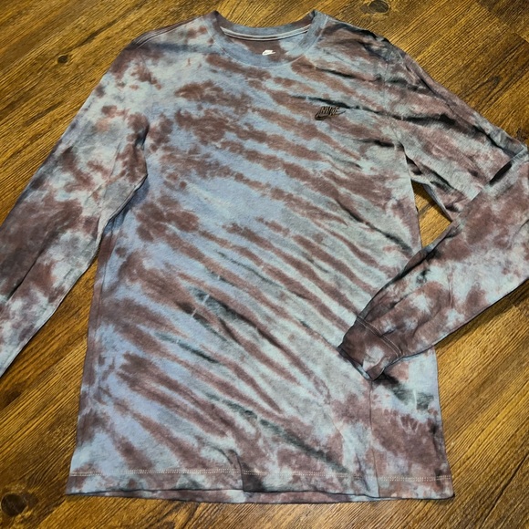Nike Tee Long Sleeve Gray, Brown Black Stripe Tie-Dye Shirt Black Logo Size L - Picture 4 of 11